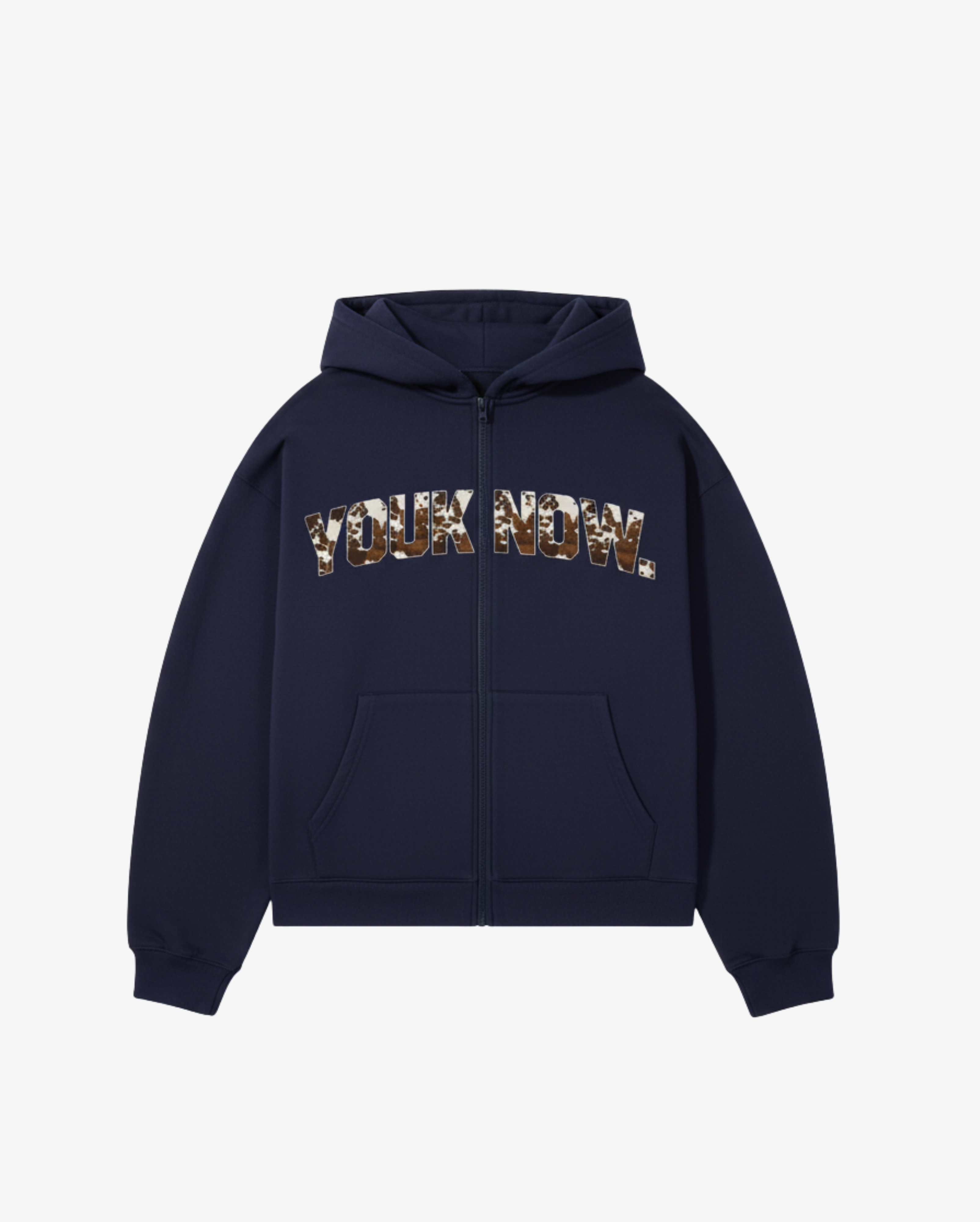 Offset Zip Up Hoodie | Navy/Cow Print