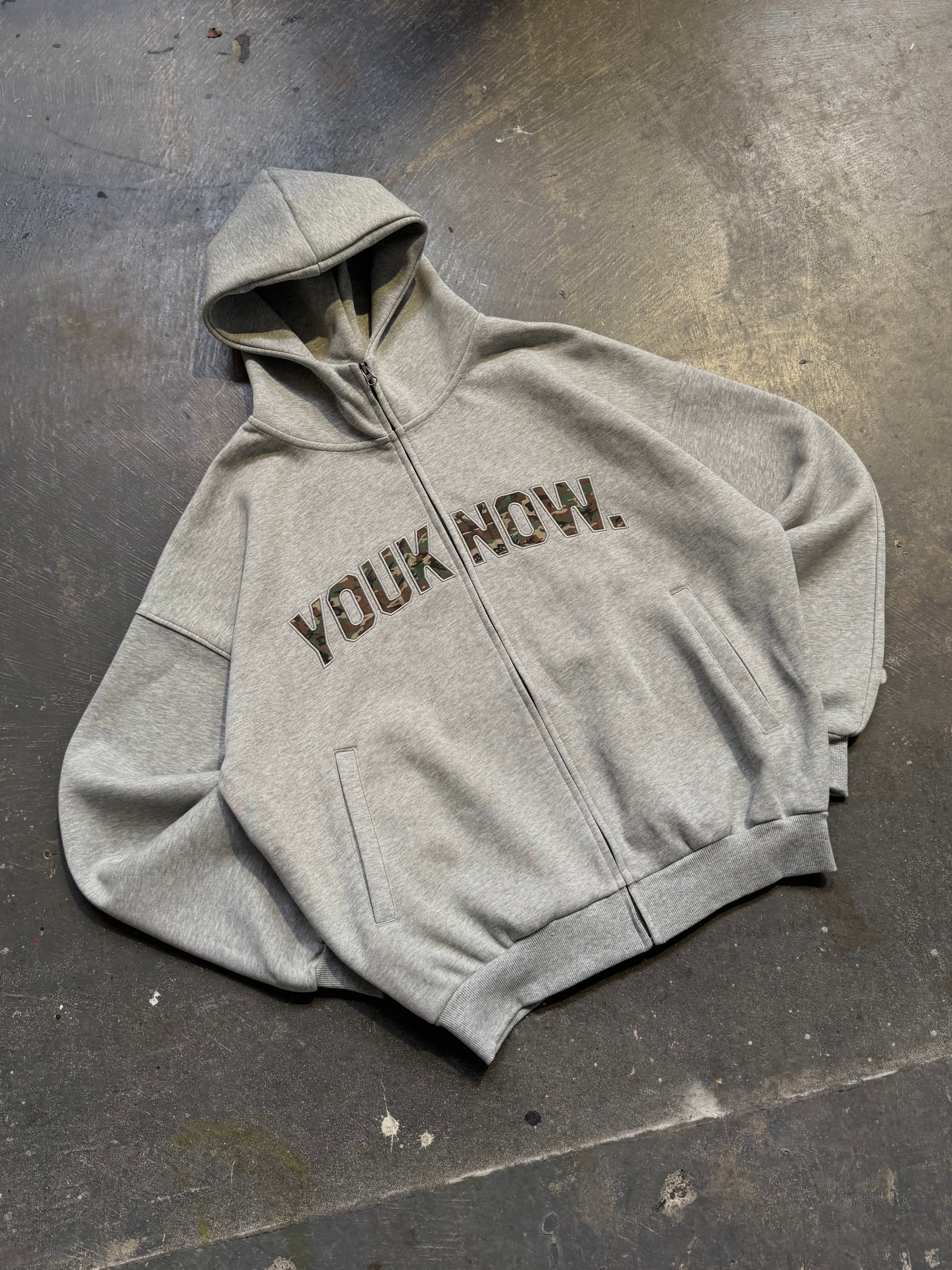 Offset Zip Up Hoodie | Grey/Camo