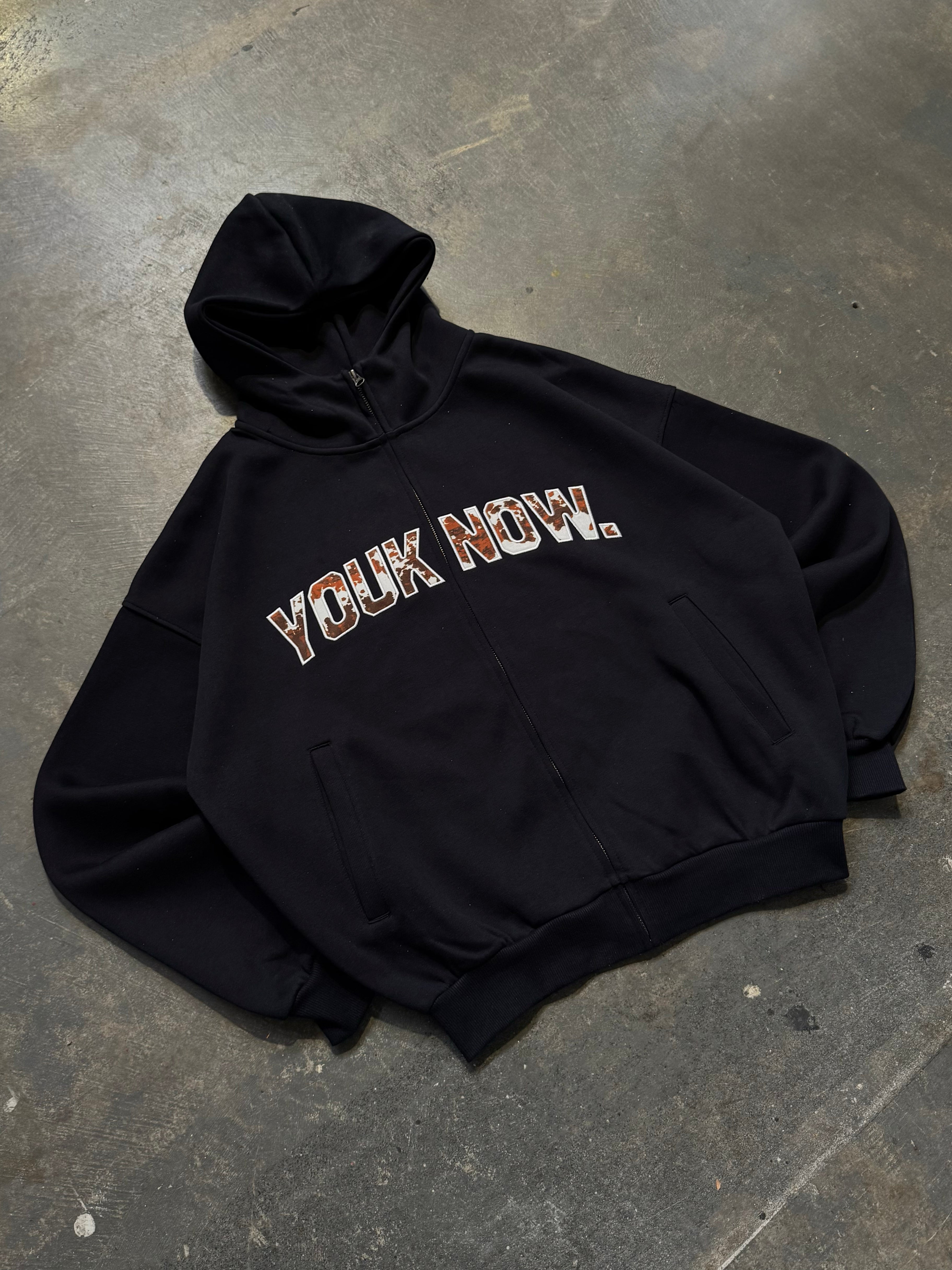 Offset Zip Up Hoodie | Navy/Cow Print