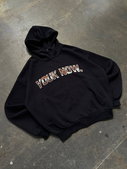 Offset Zip Up Hoodie | Navy/Cow Print