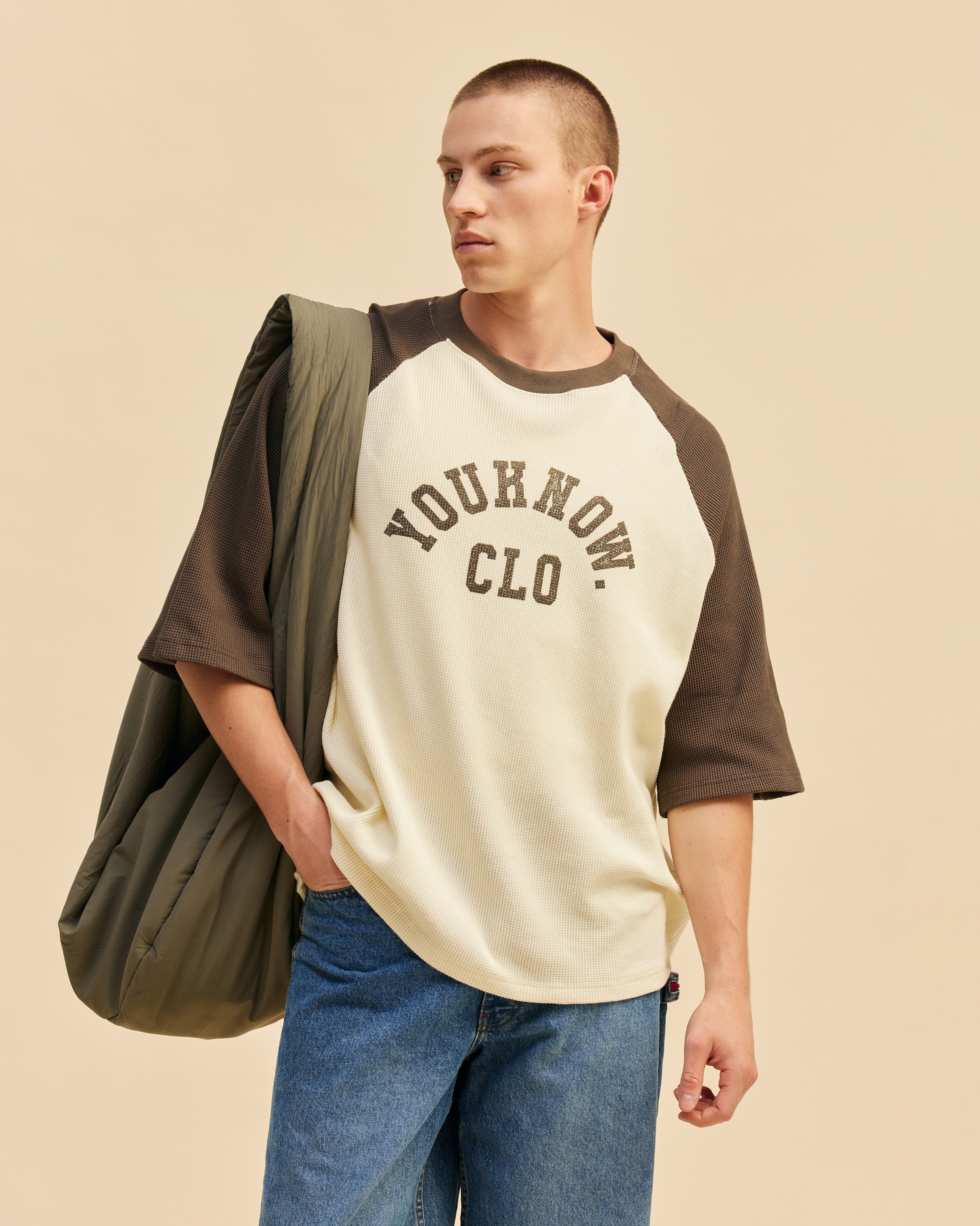 Raglan Waffle Tee | Charcoal/Cream