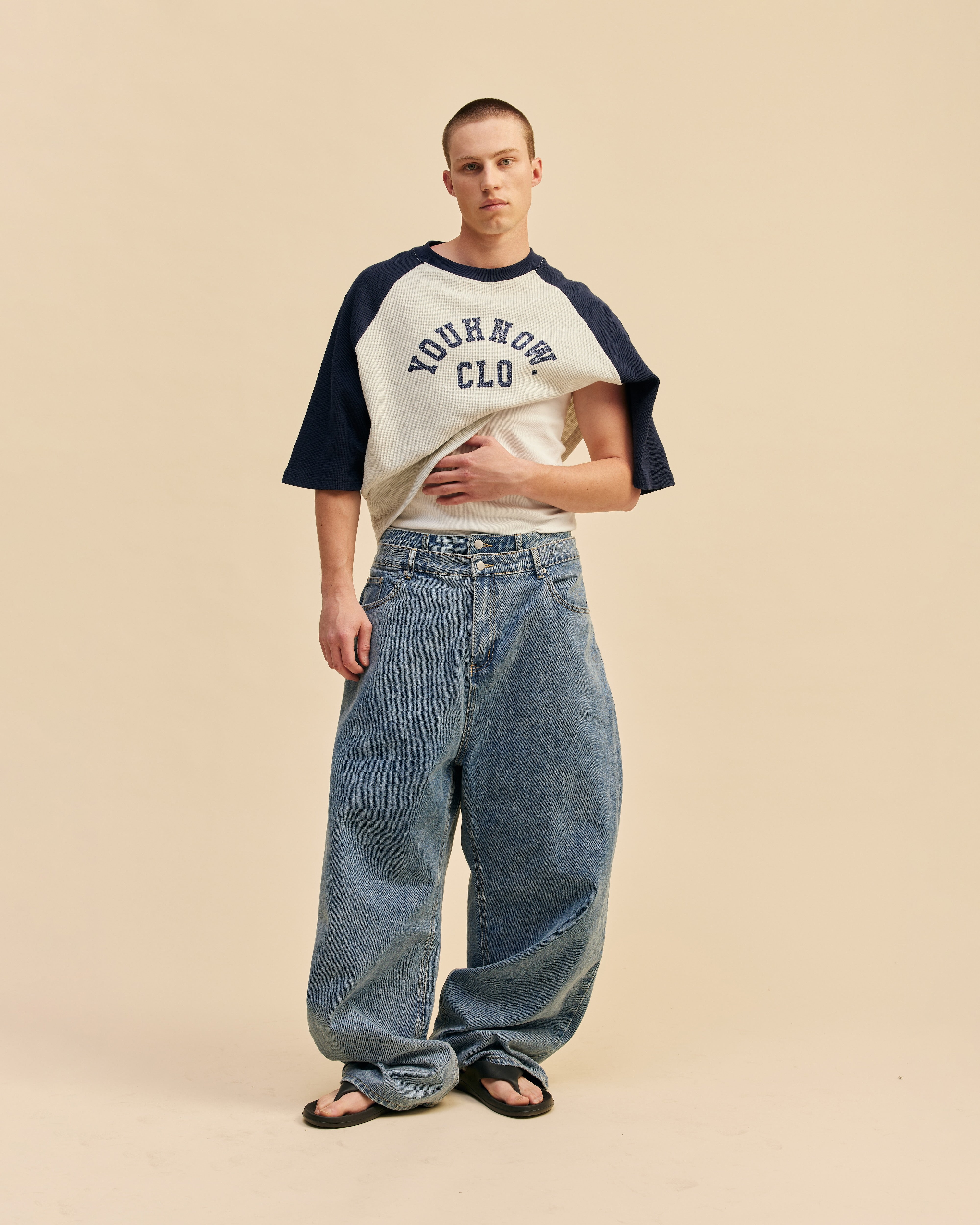 Raglan Waffle Tee | Navy/White
